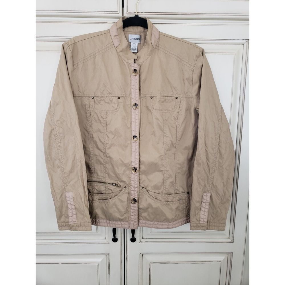 Chicos Khaki Utility Jackets Sz 2 Button Snaps Pockets Cargo Shiny‎ Textured